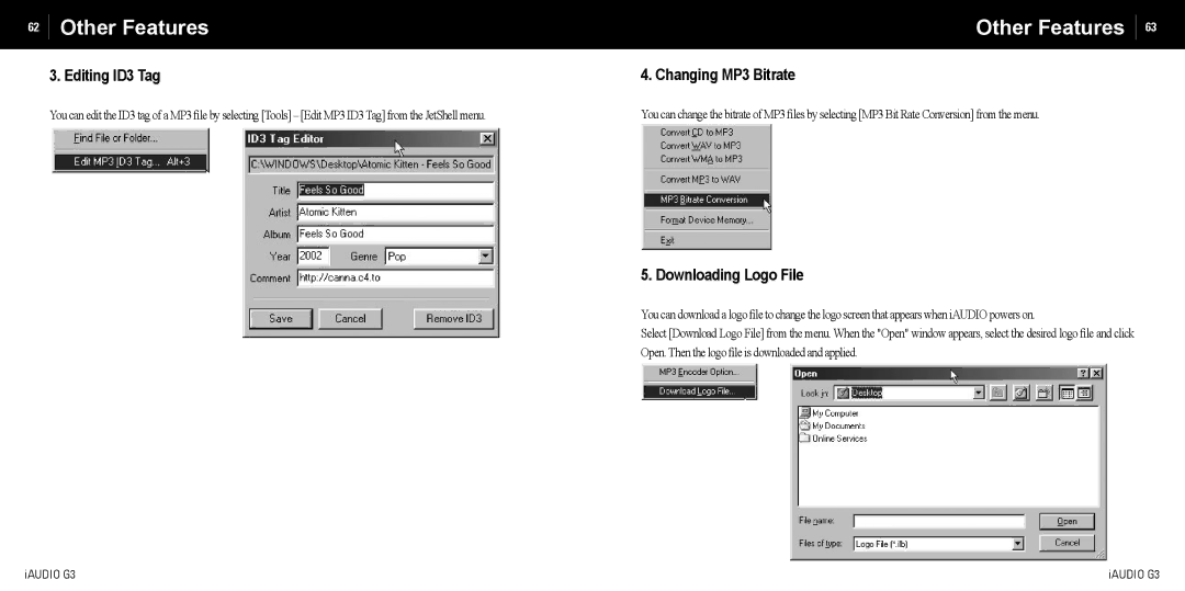 Cowon Systems iAUDIO G3 manual Editing ID3 Tag, Changing MP3 Bitrate, Downloading Logo File 