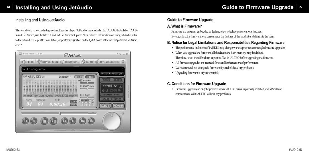 Cowon Systems iAUDIO G3 manual Installing and Using JetAudio, Guide to Firmware Upgrade, Conditions for Firmware Upgrade 