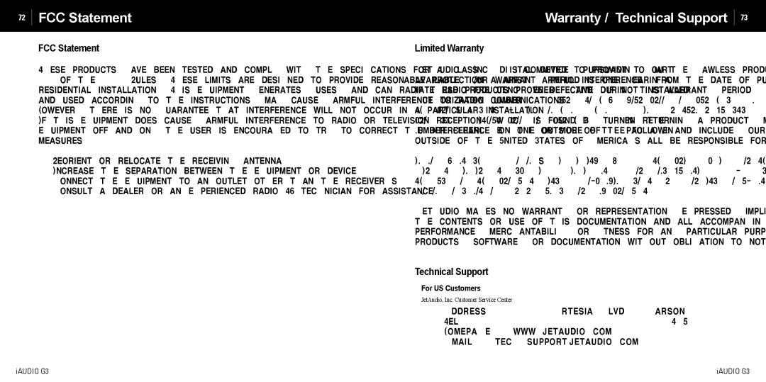 Cowon Systems iAUDIO G3 manual FCC Statement, Warranty / Technical Support, Limited Warranty 