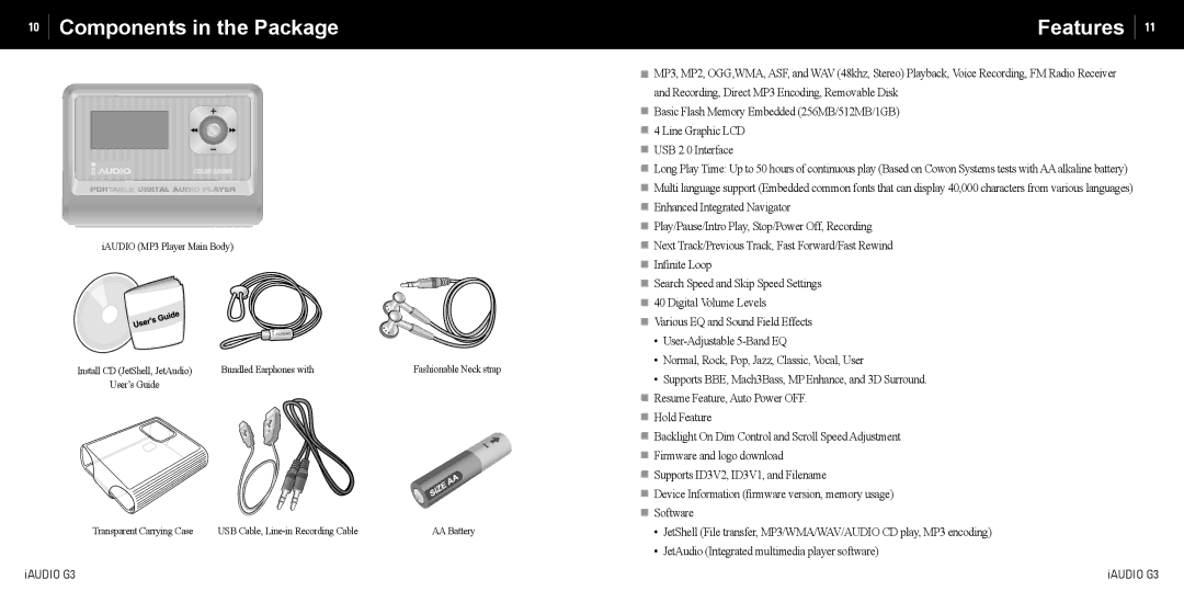 Cowon Systems iAUDIO G3 manual Components in the Package, Features 