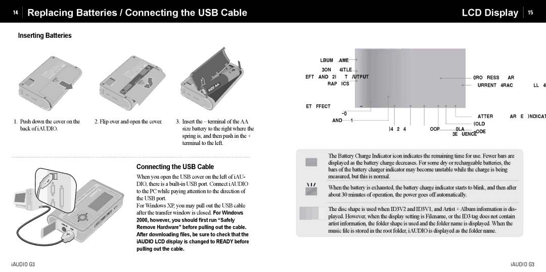 Cowon Systems iAUDIO G3 manual Replacing Batteries / Connecting the USB Cable, LCD Display, Inserting Batteries 