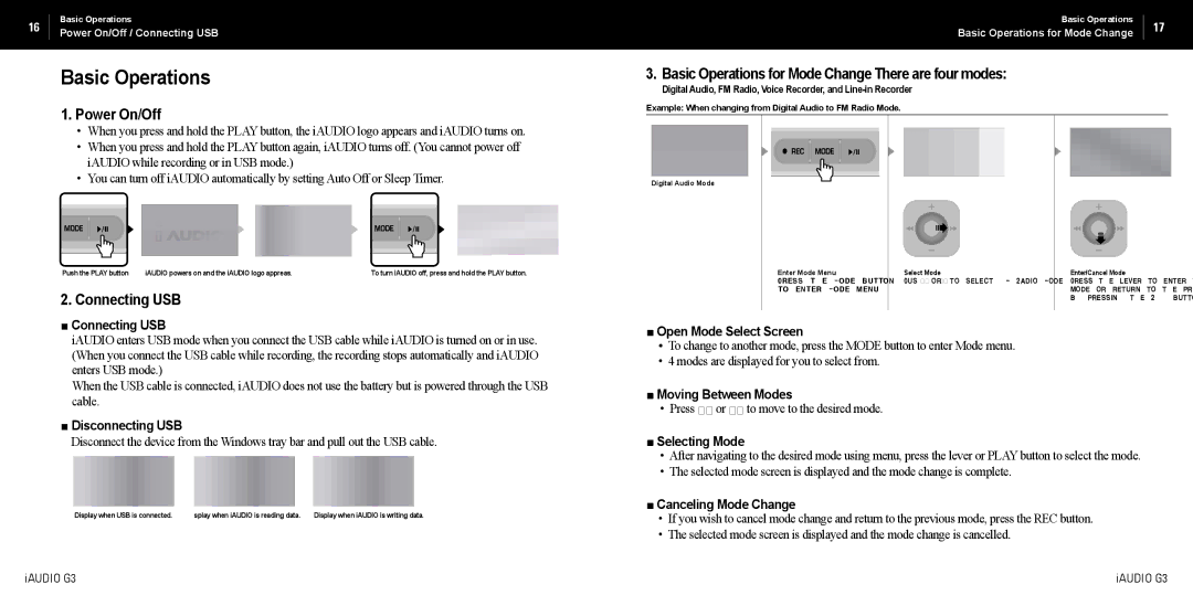 Cowon Systems iAUDIO G3 manual Basic Operations, Power On/Off, Connecting USB 