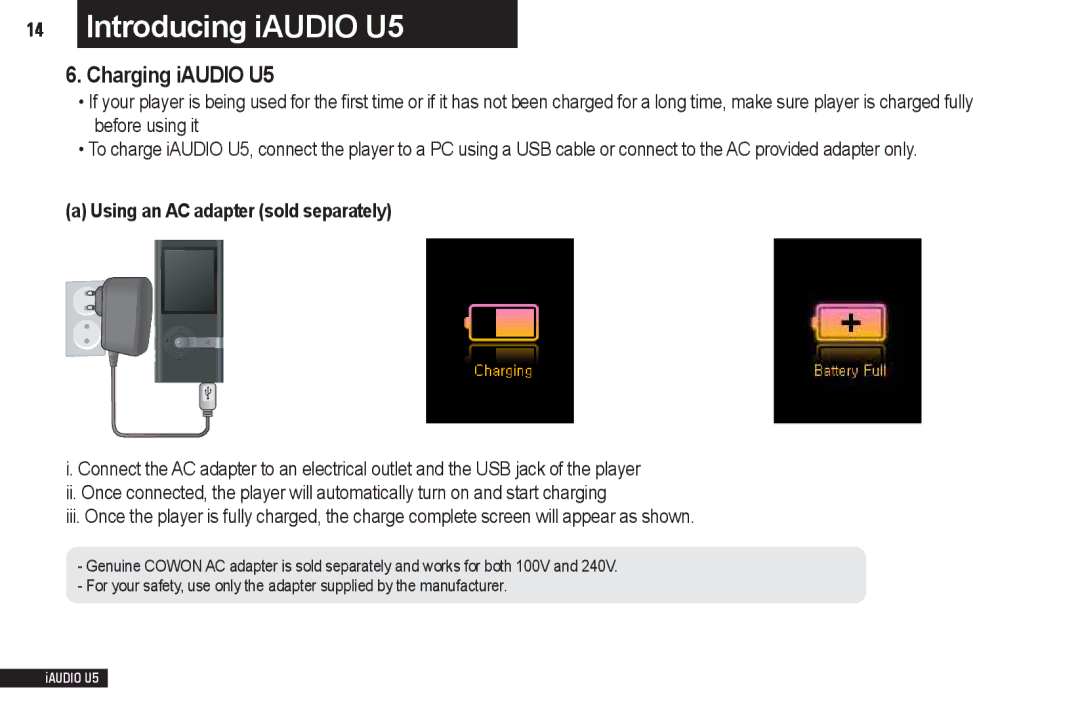 Cowon Systems manual Charging iAUDIO U5, Using an AC adapter sold separately 