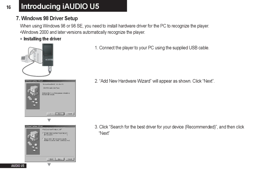 Cowon Systems iAUDIO U5 manual Windows 98 Driver Setup, Installing the driver 