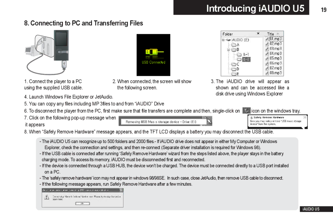 Cowon Systems iAUDIO U5 manual Connecting to PC and Transferring Files 