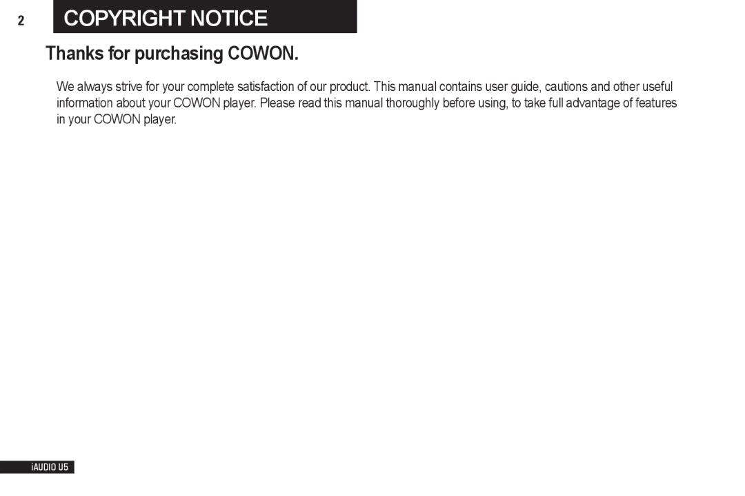 Cowon Systems iAUDIO U5 manual Copyright Notice 