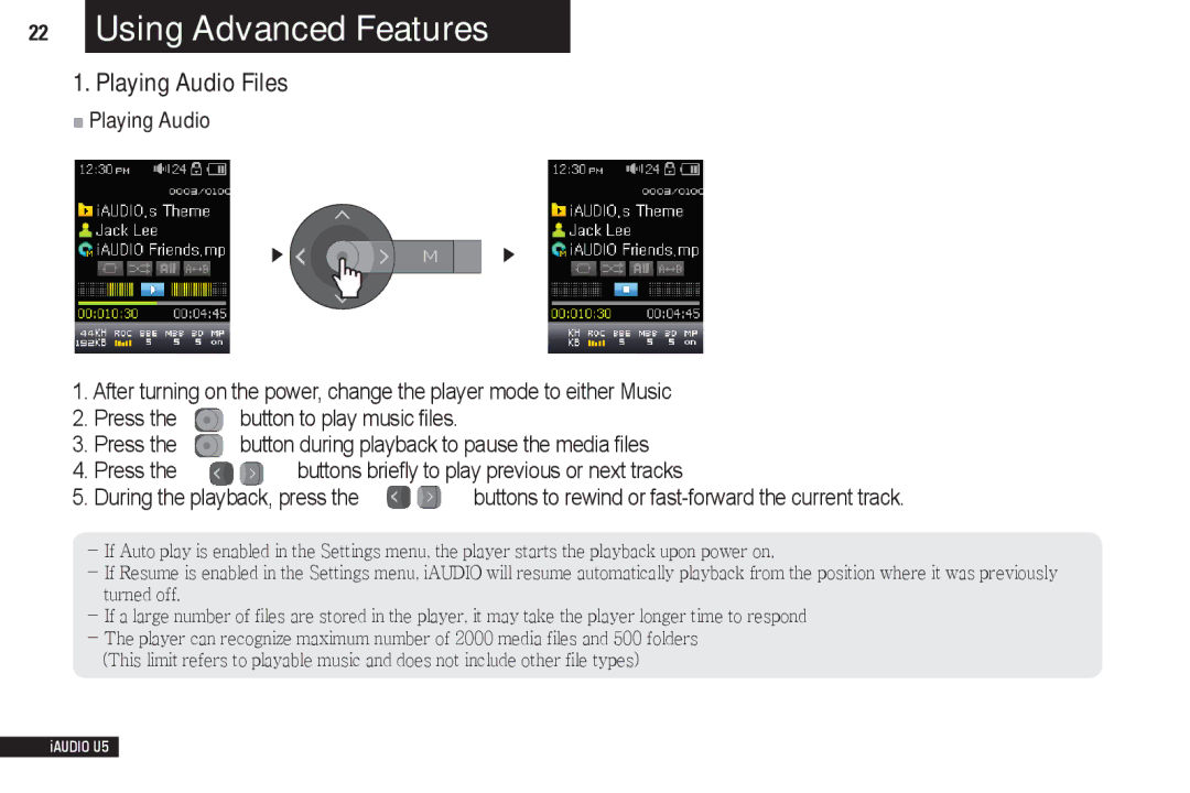 Cowon Systems iAUDIO U5 manual Using Advanced Features, Playing Audio Files 