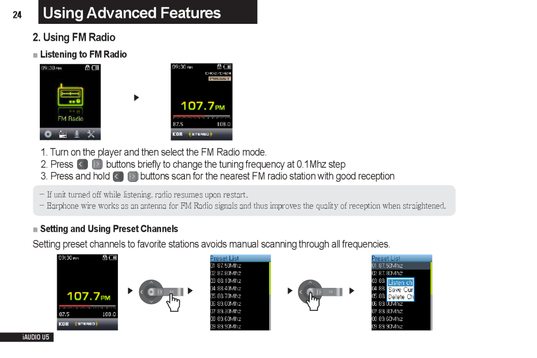 Cowon Systems iAUDIO U5 manual Using FM Radio, Listening to FM Radio, Setting and Using Preset Channels 