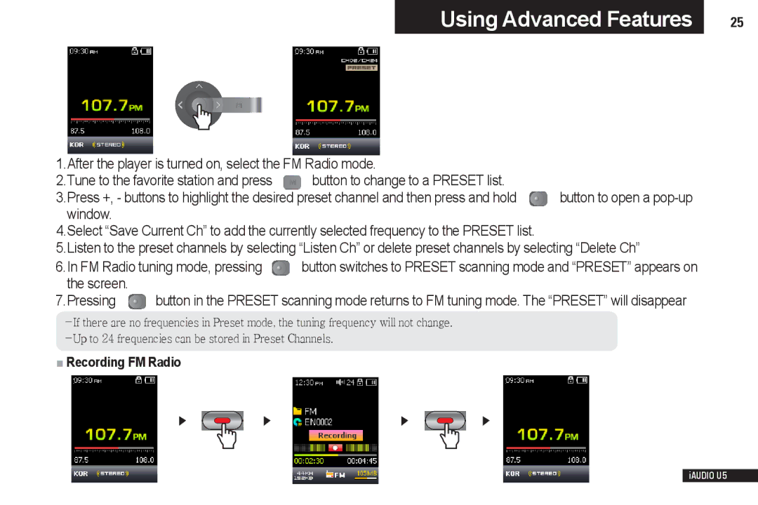 Cowon Systems iAUDIO U5 manual FM Radio tuning mode, pressing, Recording FM Radio 