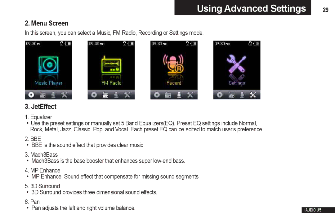 Cowon Systems iAUDIO U5 manual Menu Screen, JetEffect, Equalizer 