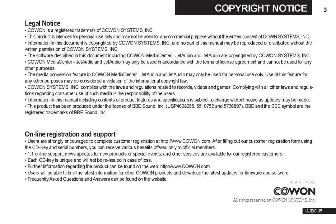 Cowon Systems iAUDIO U5 manual Legal Notice, On-line registration and support 