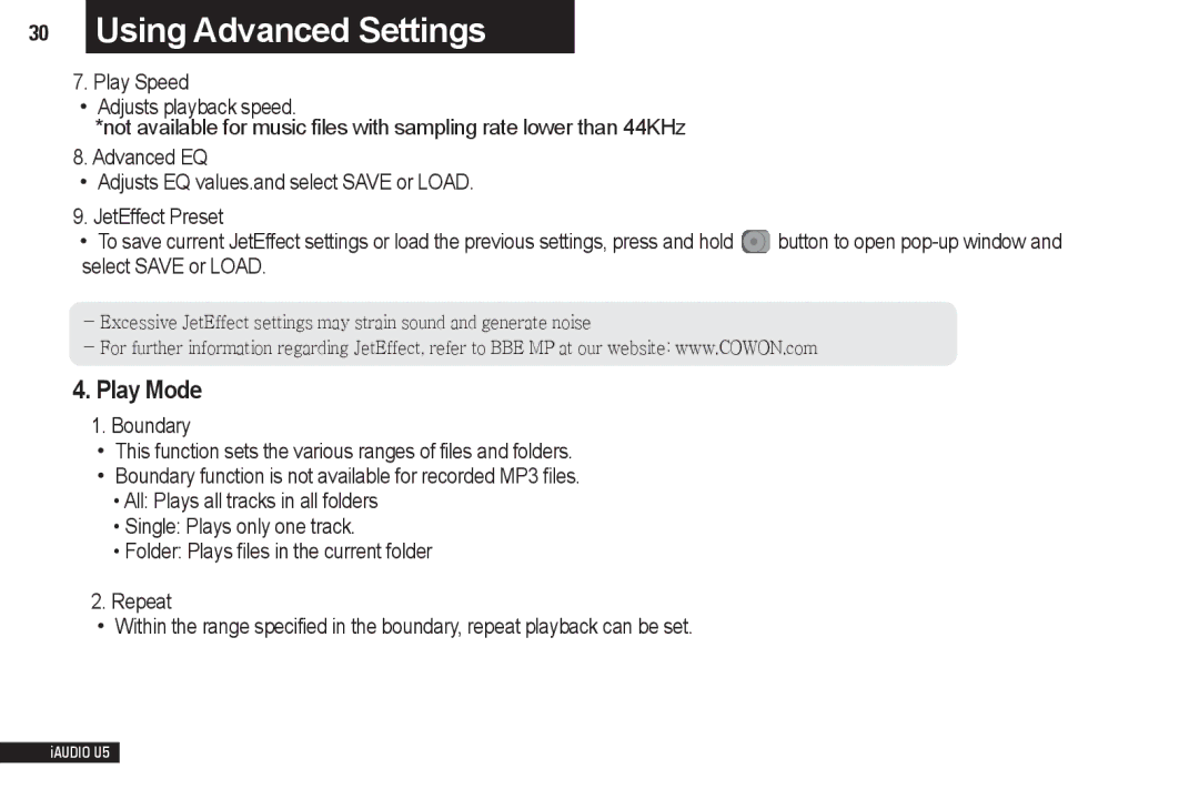 Cowon Systems iAUDIO U5 manual Play Mode 