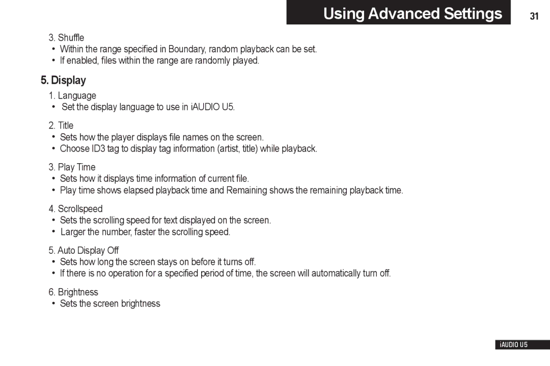 Cowon Systems iAUDIO U5 manual Using Advanced Settings, Display 