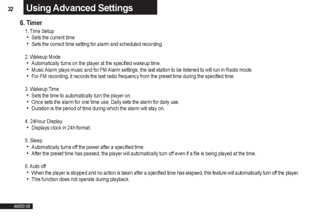 Cowon Systems iAUDIO U5 manual Timer, Auto off, This function does not operate during playback 