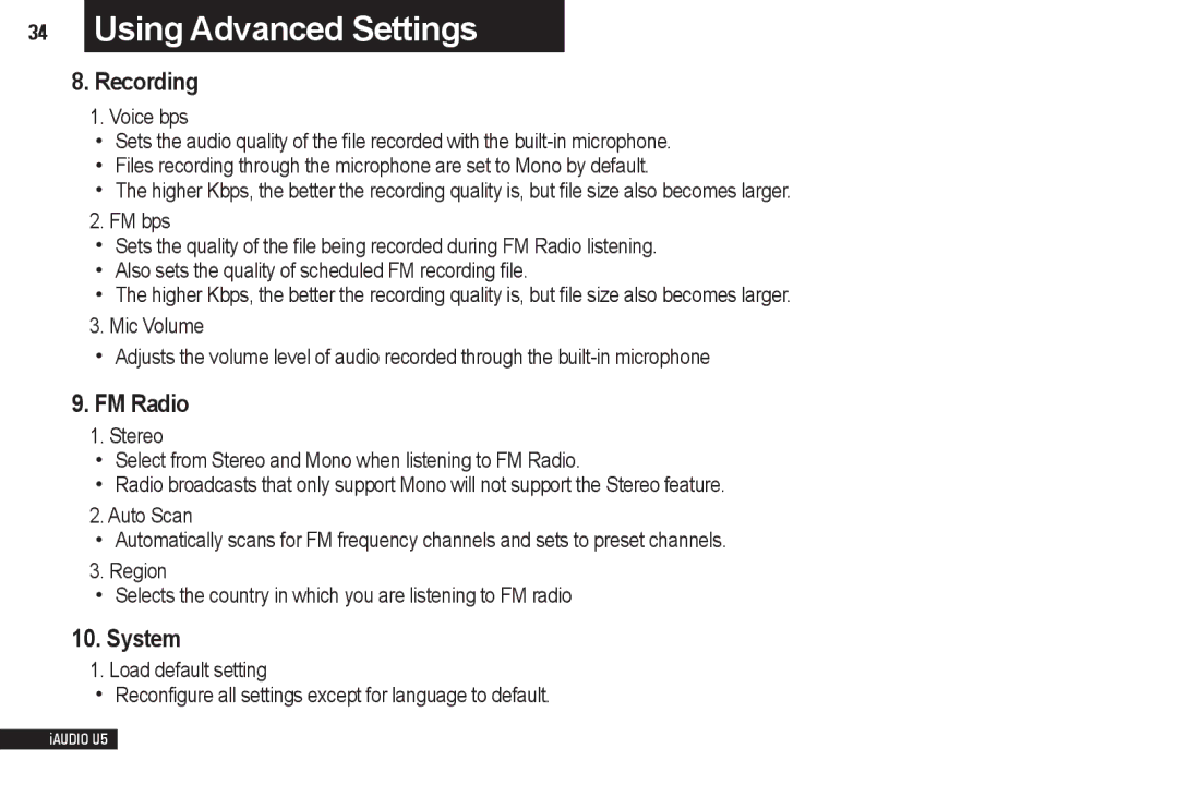 Cowon Systems iAUDIO U5 manual Recording, FM Radio, System 