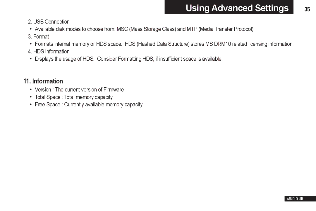 Cowon Systems iAUDIO U5 manual Information 