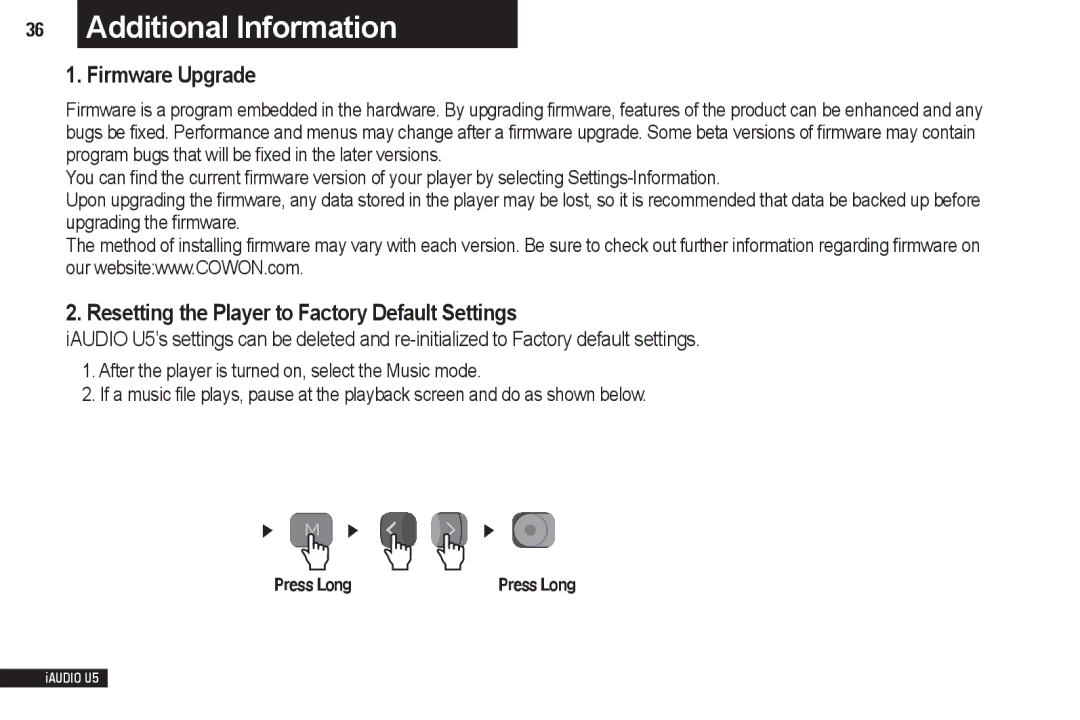 Cowon Systems iAUDIO U5 manual Additional Information, Firmware Upgrade, Resetting the Player to Factory Default Settings 