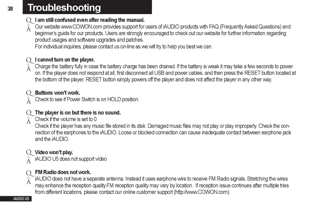 Cowon Systems iAUDIO U5 Am still confused even after reading the manual, Cannot turn on the player, Buttons won’t work 