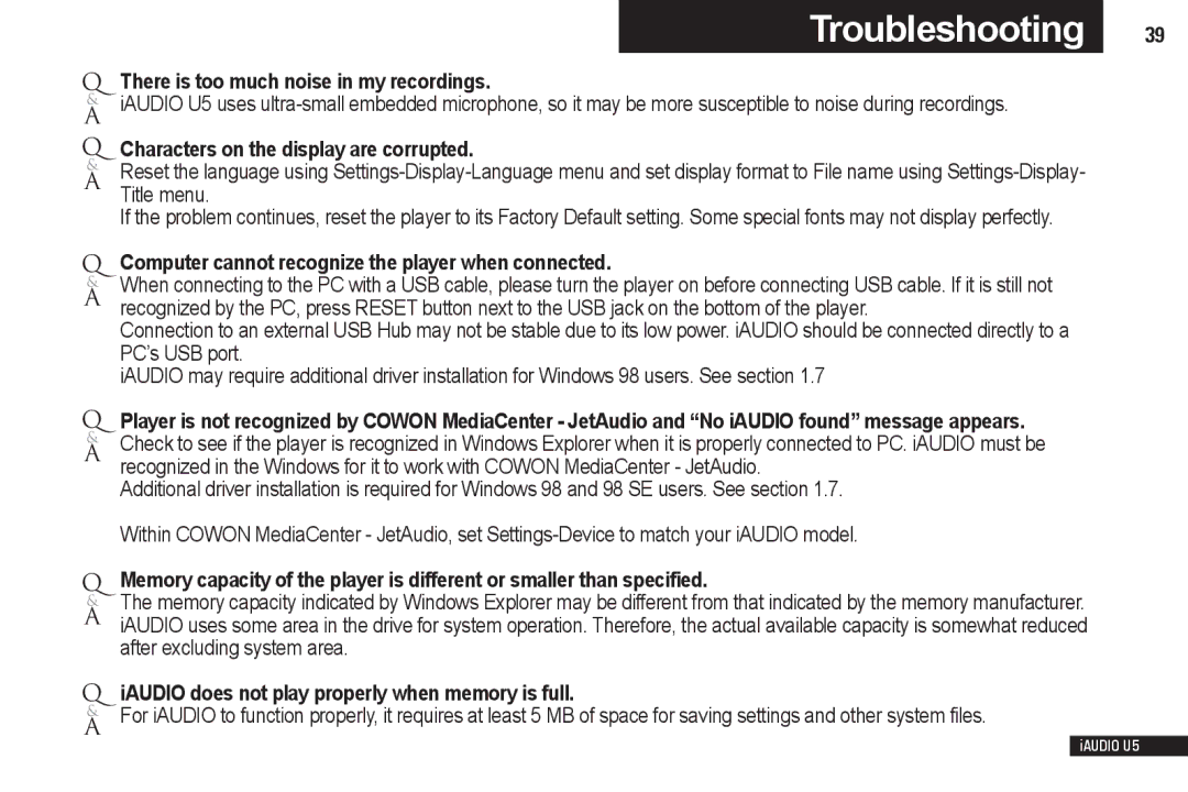 Cowon Systems iAUDIO U5 manual There is too much noise in my recordings, Characters on the display are corrupted 