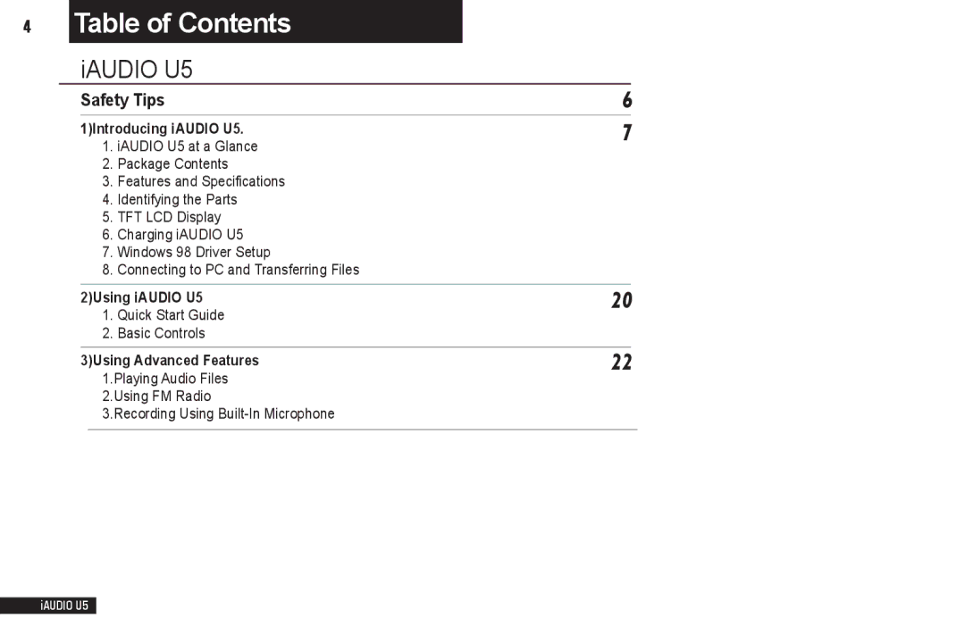 Cowon Systems iAUDIO U5 manual Table of Contents 