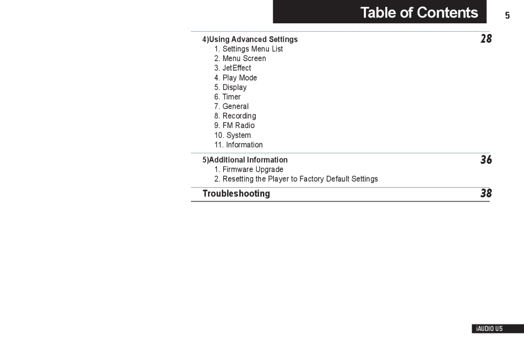 Cowon Systems iAUDIO U5 manual Table of Contents 