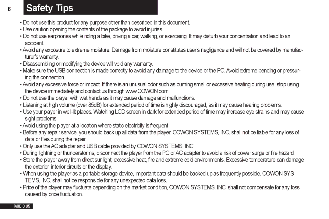 Cowon Systems iAUDIO U5 manual Safety Tips 