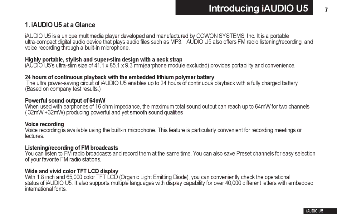 Cowon Systems manual Introducing iAUDIO U5, IAUDIO U5 at a Glance 