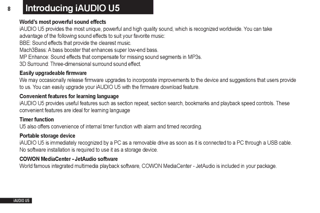 Cowon Systems iAUDIO U5 manual World’s most powerful sound effects, Easily upgradeable firmware, Timer function 