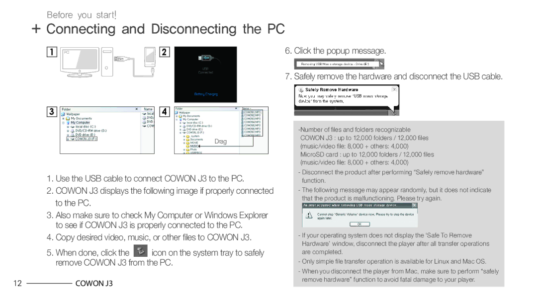 Cowon Systems J3 manual + Connecting and Disconnecting the PC 