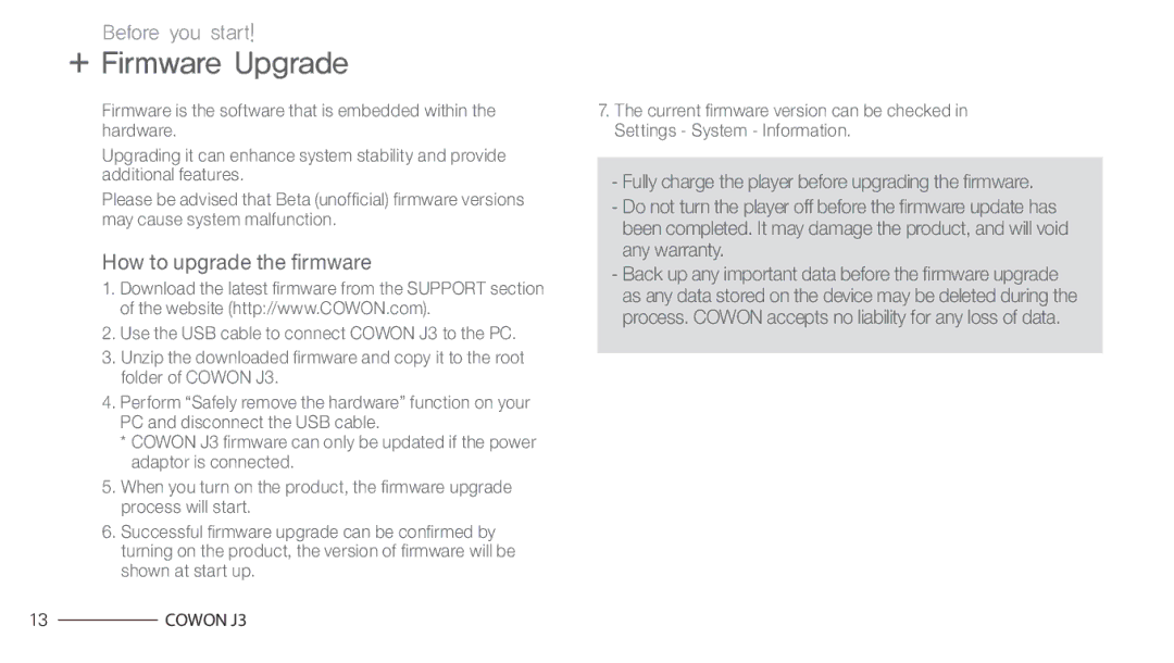 Cowon Systems J3 manual + Firmware Upgrade, How to upgrade the firmware 