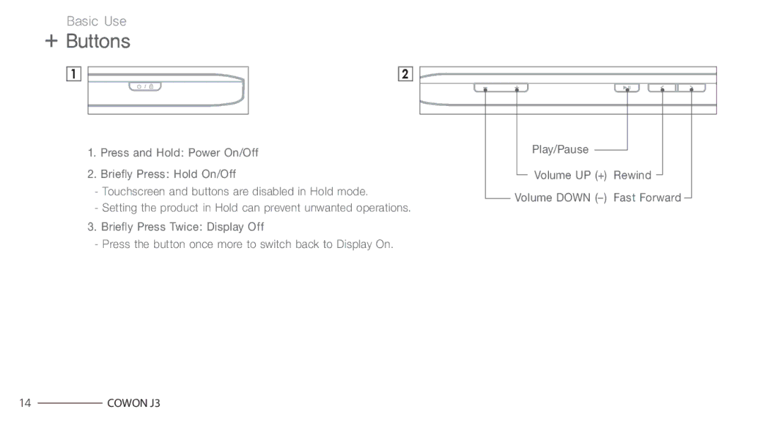 Cowon Systems J3 manual + Buttons, Touchscreen and buttons are disabled in Hold mode 