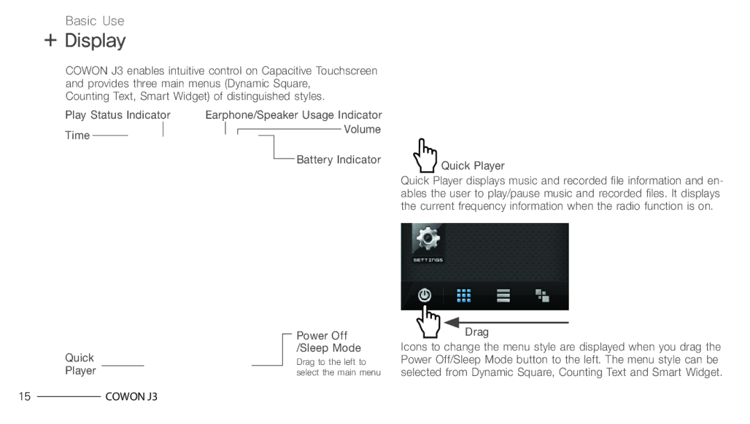 Cowon Systems J3 manual + Display, Quick Player, Drag 