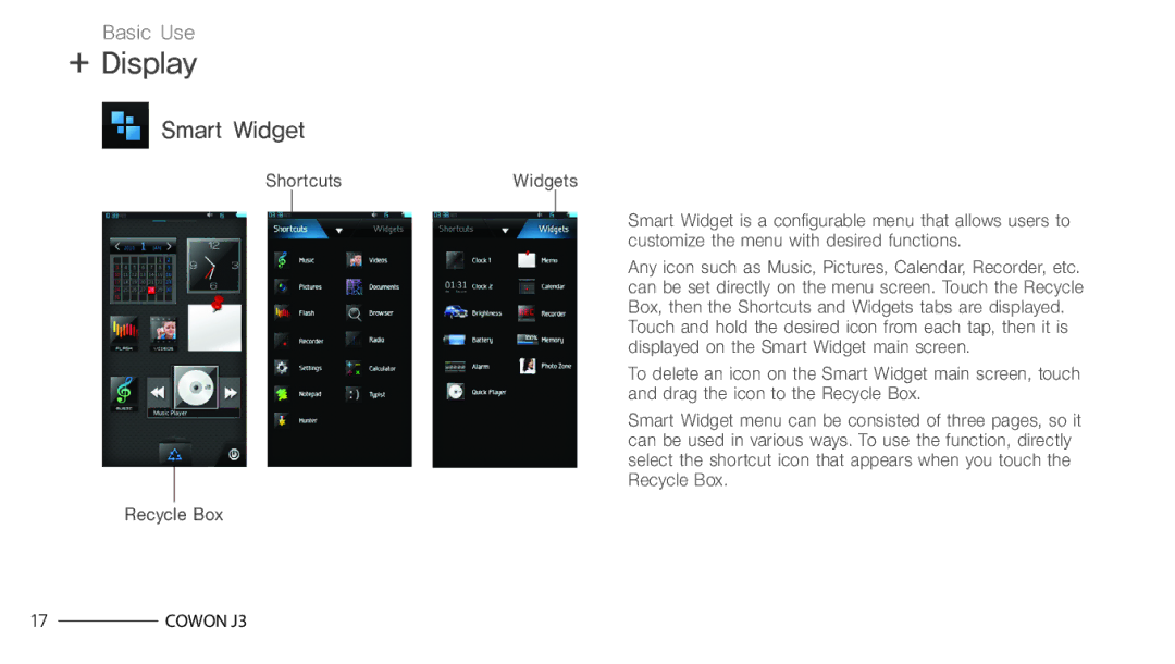 Cowon Systems J3 manual Smart Widget, ShortcutsWidgets 