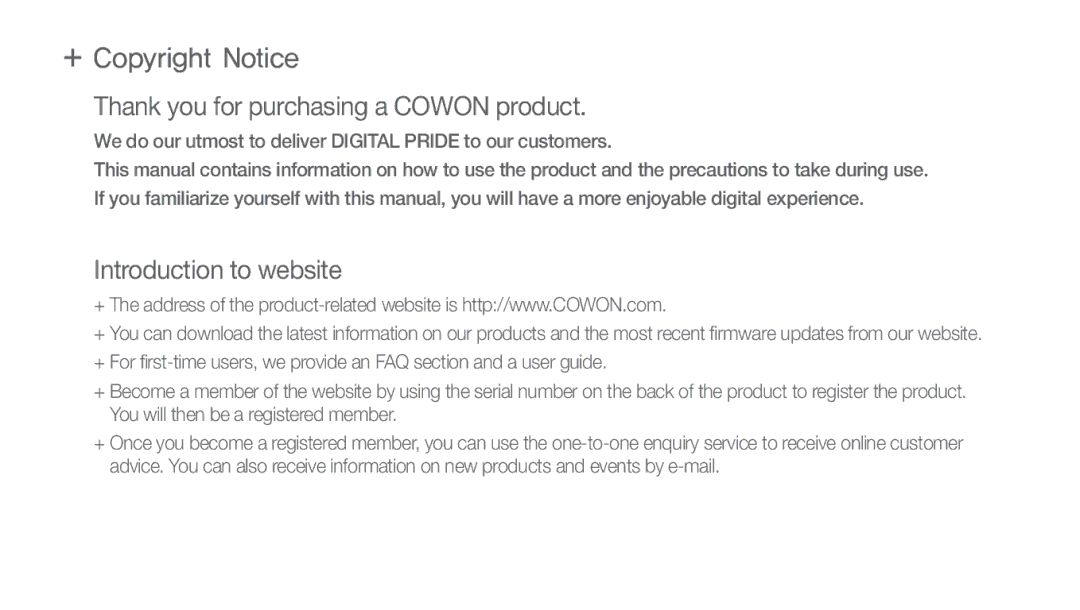 Cowon Systems J3 manual + Copyright Notice, Thank you for purchasing a Cowon product 