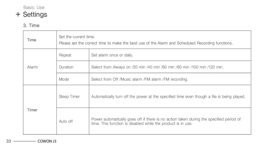 Cowon Systems J3 manual Repeat Set alarm once or daily, Timer Auto off 
