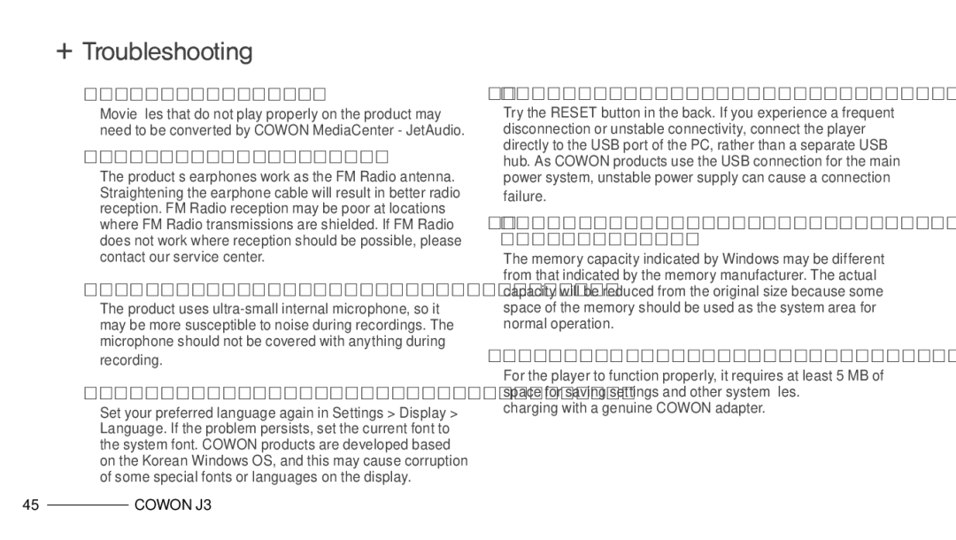 Cowon Systems J3 manual + Video won’t play, + FM Radio does not work, + There is too much noise in my recordings 