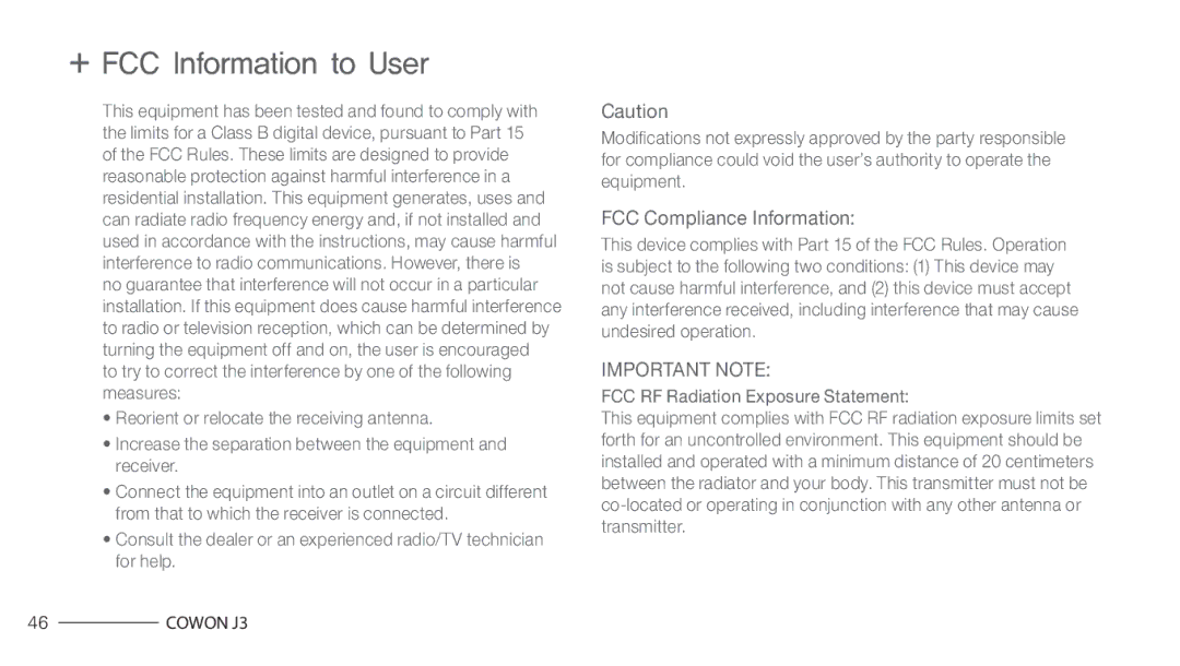 Cowon Systems J3 manual + FCC Information to User, FCC RF Radiation Exposure Statement 