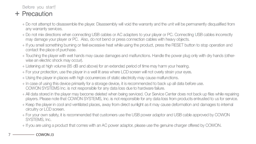 Cowon Systems J3 manual + Precaution 