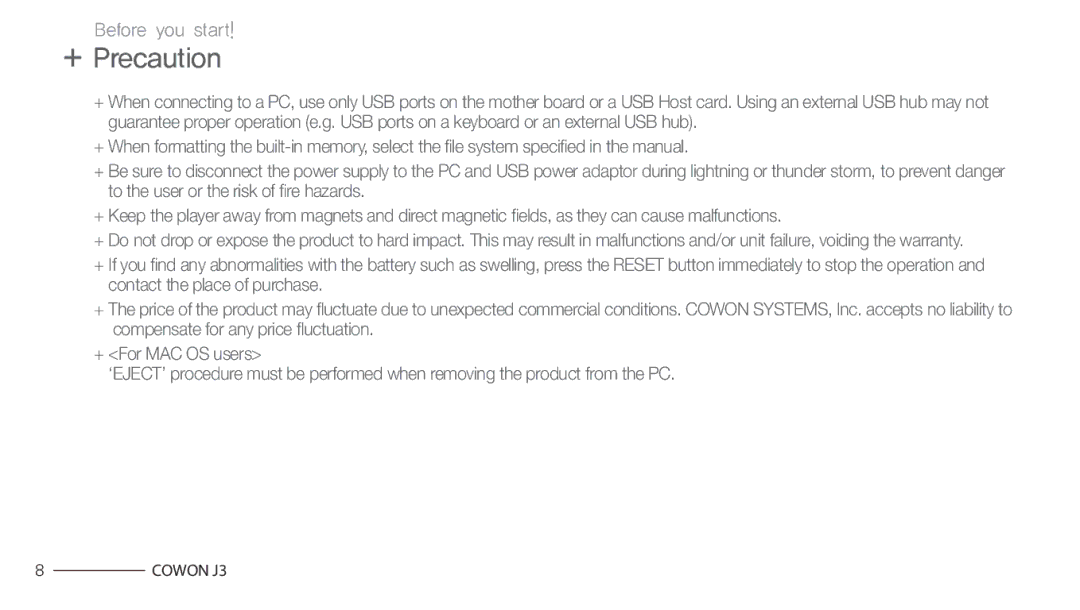 Cowon Systems J3 manual + Precaution 