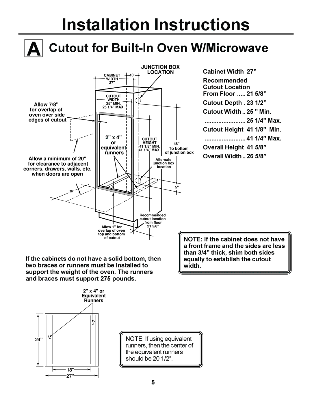 Cowon Systems JKP85 installation instructions Cutout for Built-In Oven W/Microwave, Overall Width. 5/8 