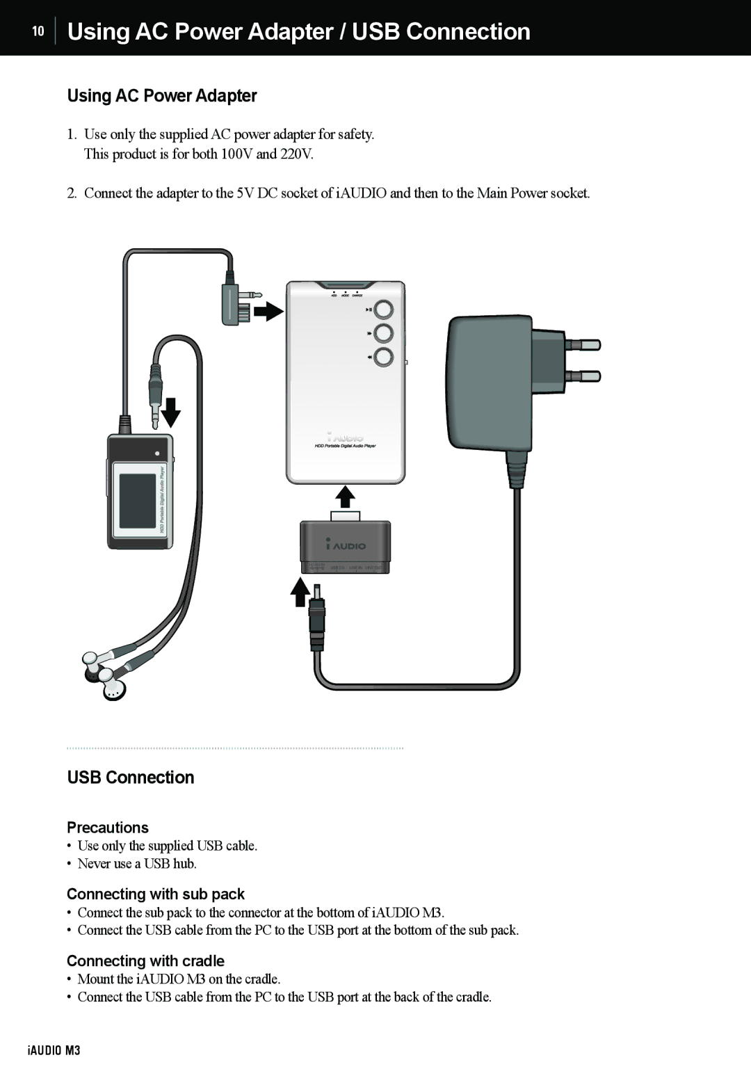 Cowon Systems M3 manual Using AC Power Adapter / USB Connection 