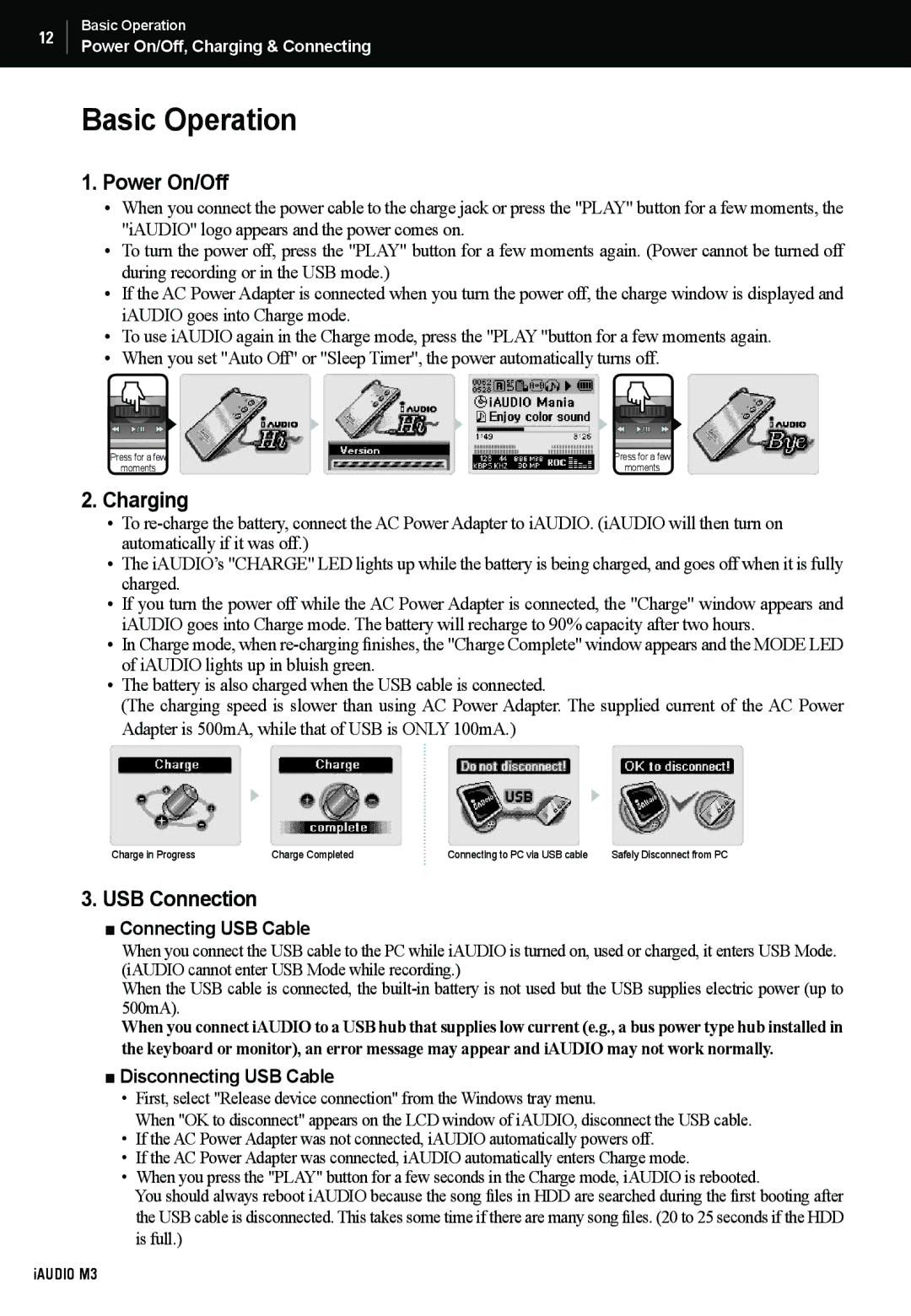 Cowon Systems M3 manual Basic Operation, Power On/Off, Charging, Connecting USB Cable, Disconnecting USB Cable 