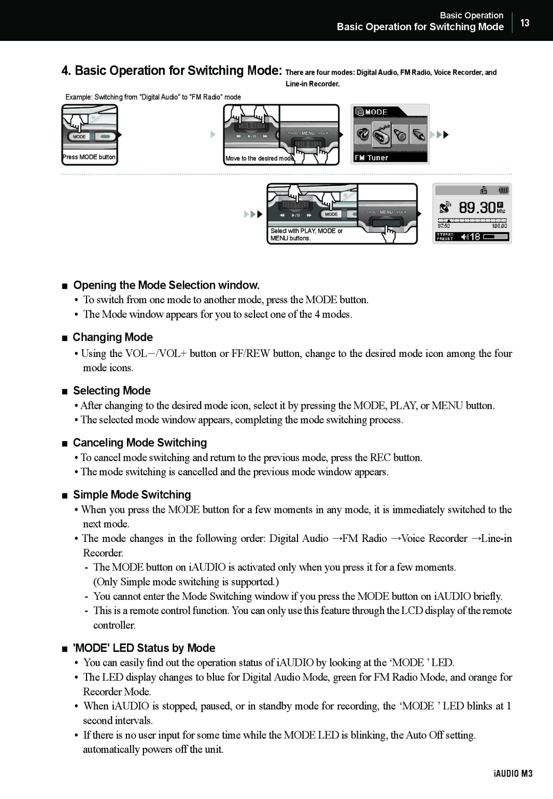 Cowon Systems M3 manual Opening the Mode Selection window, Changing Mode, Selecting Mode, Canceling Mode Switching 