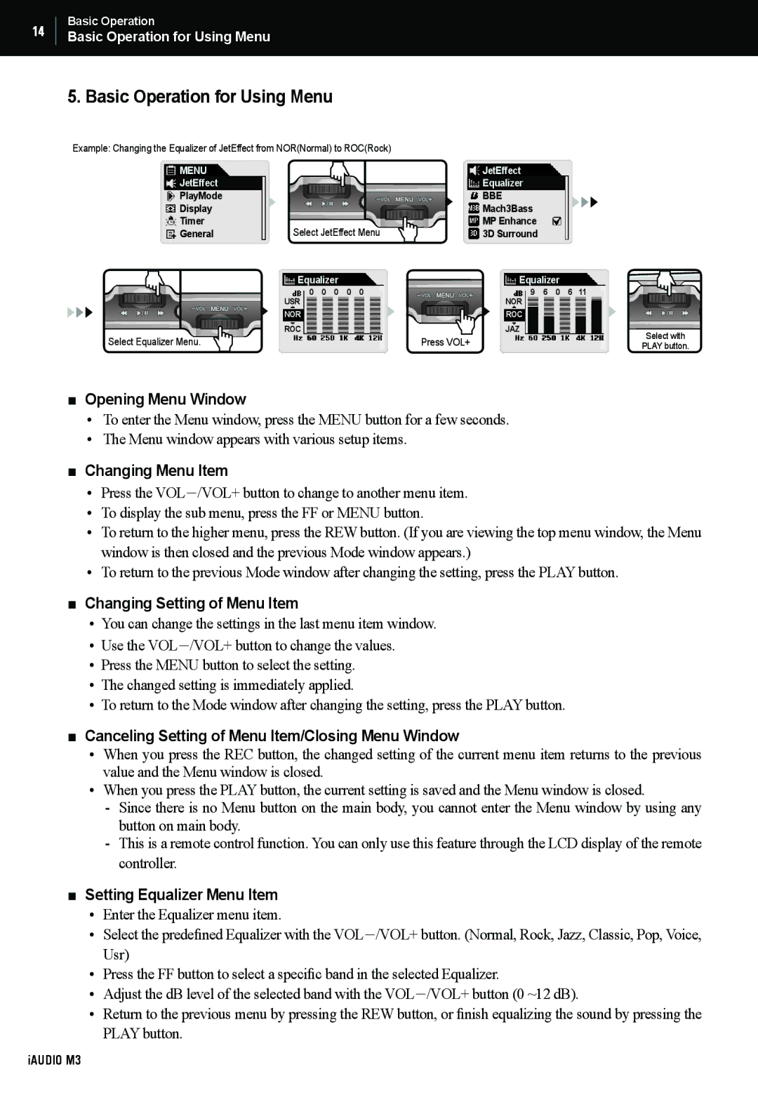 Cowon Systems M3 manual Basic Operation for Using Menu 