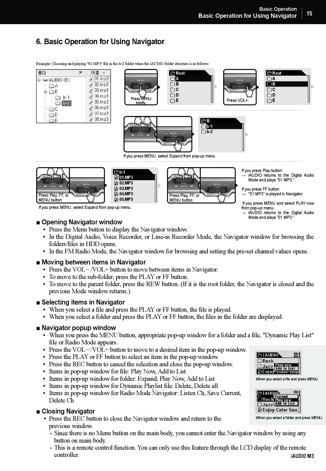 Cowon Systems M3 manual Basic Operation for Using Navigator 