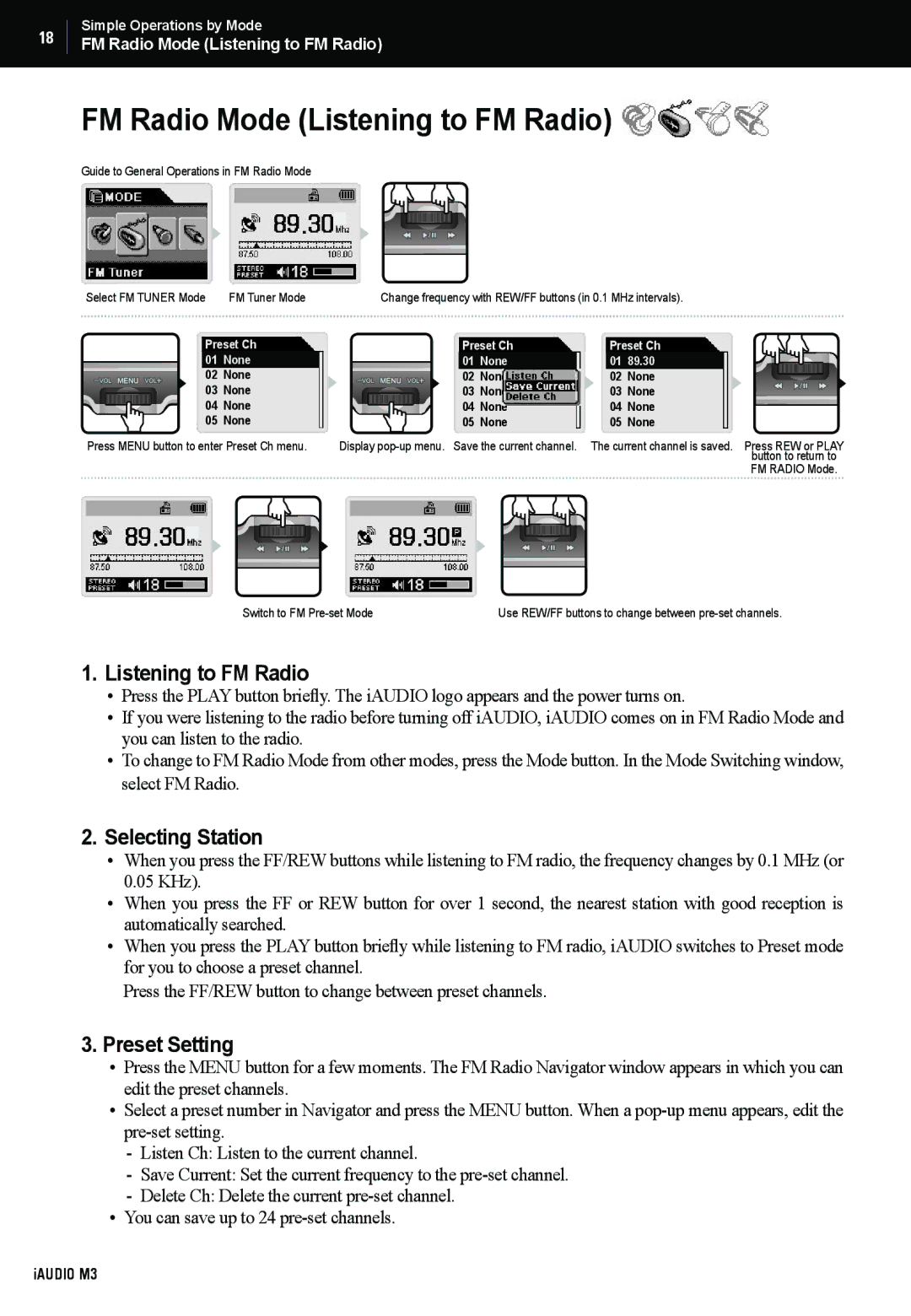 Cowon Systems M3 manual FM Radio Mode Listening to FM Radio, Selecting Station, Preset Setting 