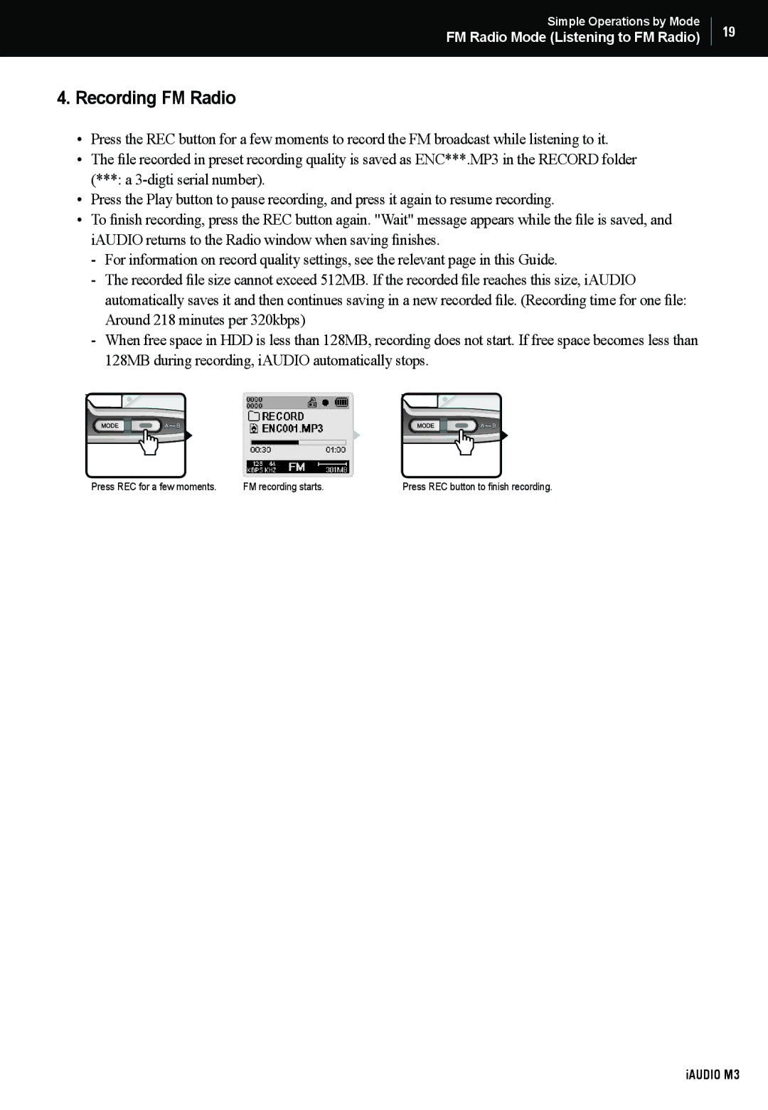 Cowon Systems M3 manual Recording FM Radio 