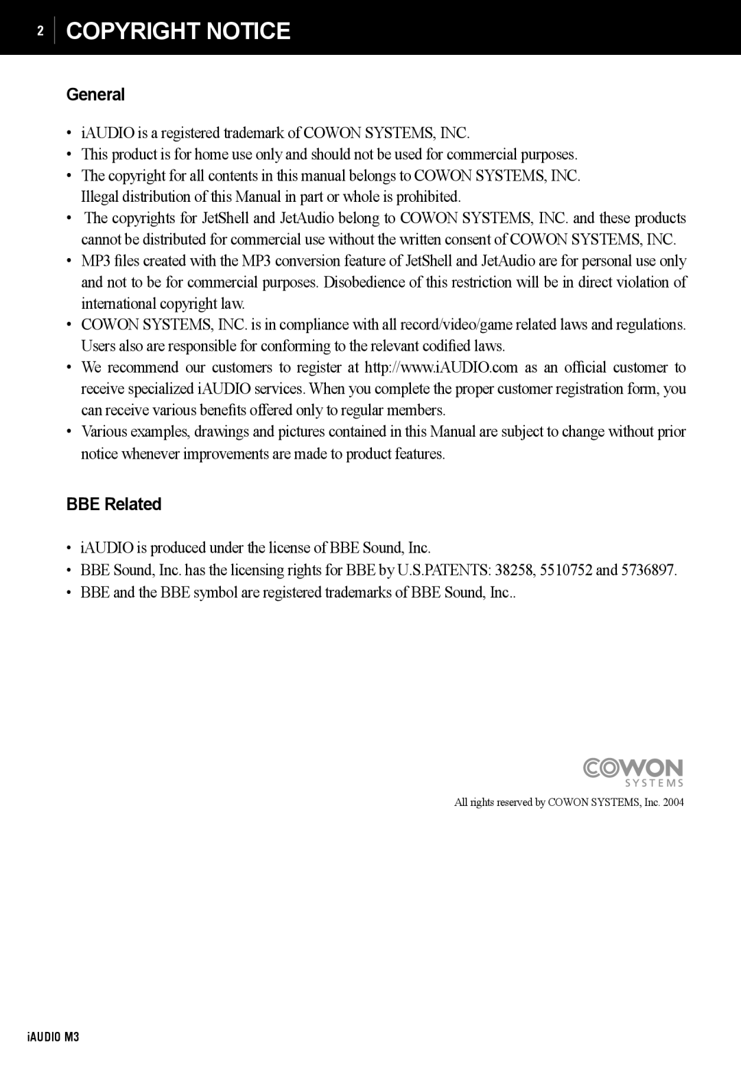 Cowon Systems M3 manual General, BBE Related 