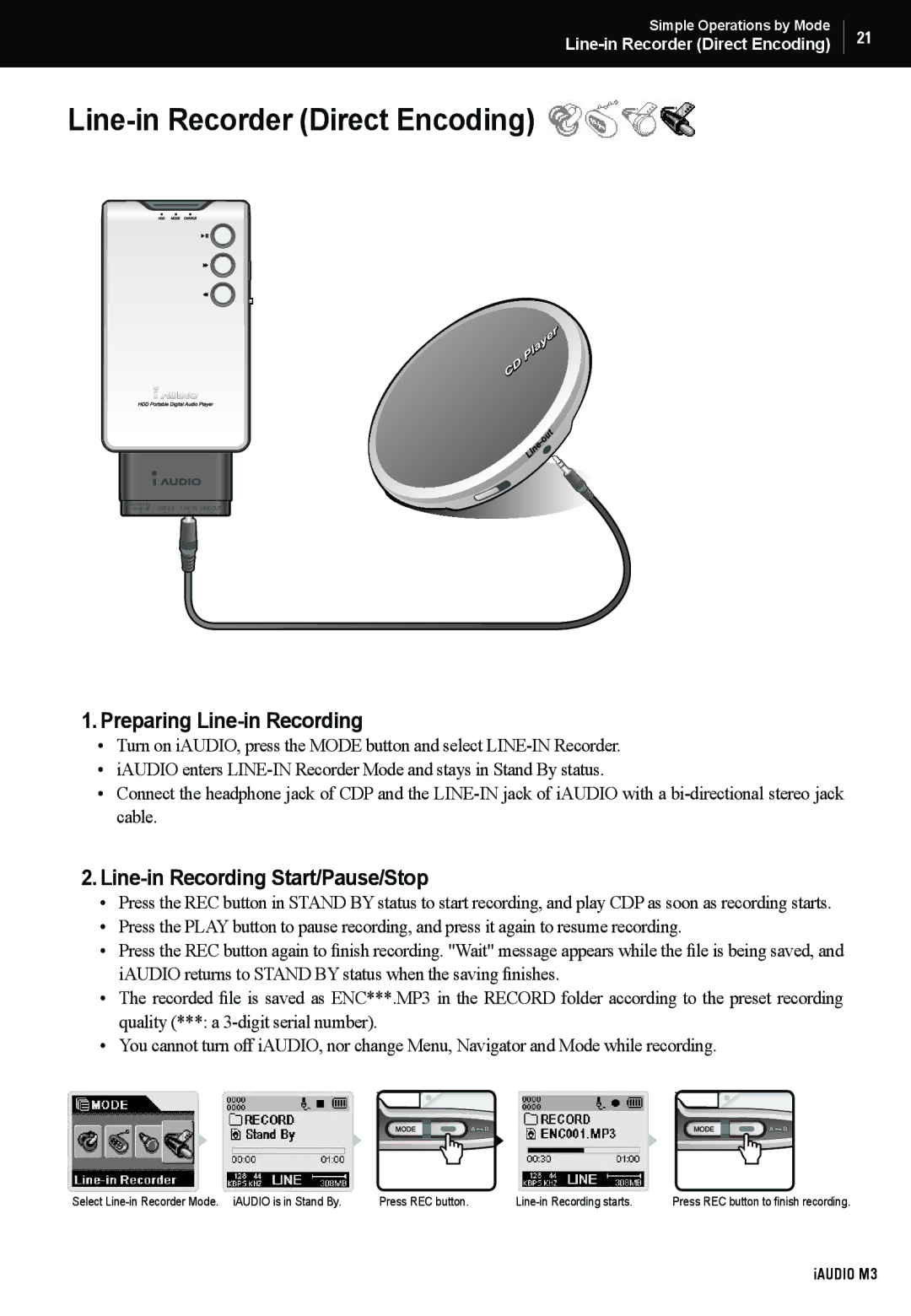 Cowon Systems M3 manual Line-in Recorder Direct Encoding, Preparing Line-in Recording, Line-in Recording Start/Pause/Stop 