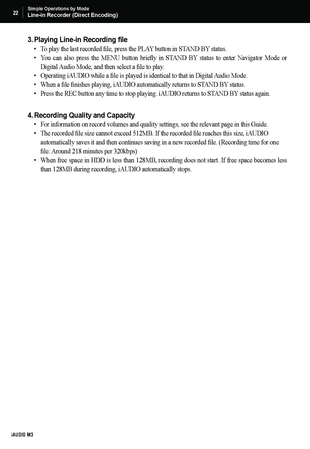 Cowon Systems M3 manual Playing Line-in Recording file 